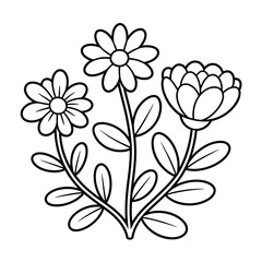 A black-and-white daisy line drawing of a bouquet of flowers, designed for coloring. 
