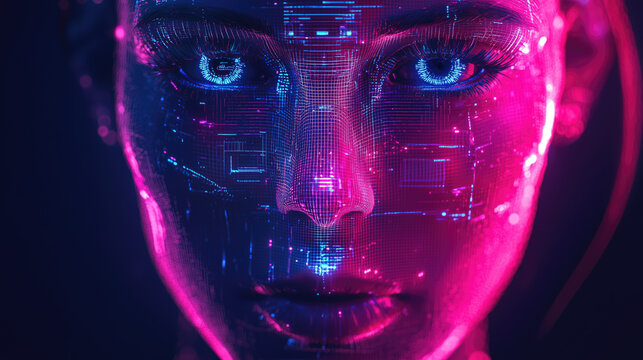 Digital face with neon circuits and glowing eyes in a futuristic setting