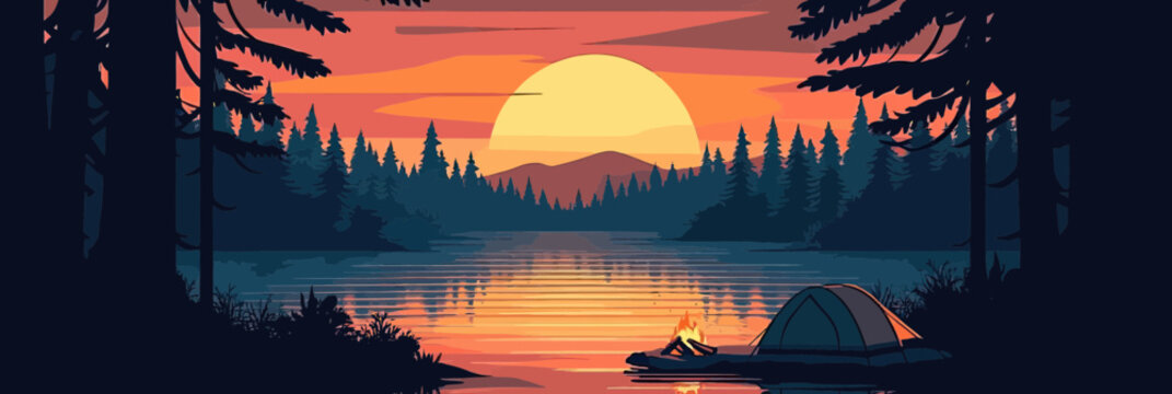 Campfire camping tent near calm lake sunset forest landscape quiet outdoor nature scene with silhouetted trees and mountain background vector illustration