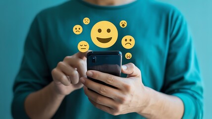 Person using smartphone with various emoji icons representing emotions mobile phone emoticon