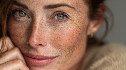 Fototapeta premium Close-Up Portrait of a Woman with Freckles and Expressive Eyes, Natural Beauty, Smiling Gaze, Soft Lighting, and Warm Skin Tone for Lifestyle Photography