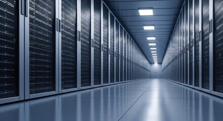 Endless rows of illuminated server racks in a modern data center