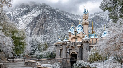 Enchanted winter castle nestled in snowy mountains