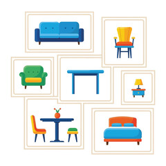 Modern Interior Design Arrangement: A collection of various modern furniture pieces. Showcasing contemporary living. This composition offers a glimpse of curated interiors.