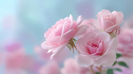 Obraz premium Beautiful pink roses in soft focus showcasing delicate petals and fresh blooms