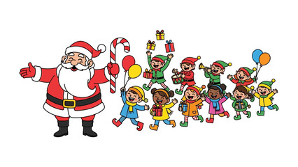 Joyful Christmas Parade: A festive illustration of Santa Claus leading a cheerful parade of elves and children, balloons in tow, spreading holiday cheer and goodwill.
