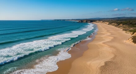 Obraz premium Expansive golden sand beach meets vibrant blue ocean with rolling waves under a clear sky