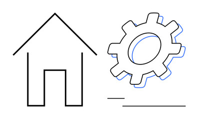 Minimalist house and gear outline conveying ideas of home automation, technology, integration, efficiency, innovation, connectivity, and smart living. Ideal for real estate, smart home promotions or