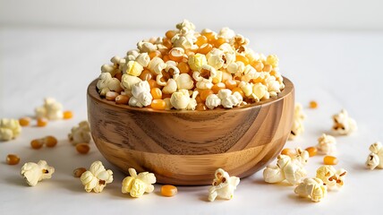 Wooden Bowl Overflowing with Popcorn and Kernels snack movie