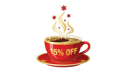 Delectable Discount: An artistic representation of a steaming cup of coffee, elegantly designed with a 15% OFF offer on its surface. Evoking the essence of warmth, aroma.