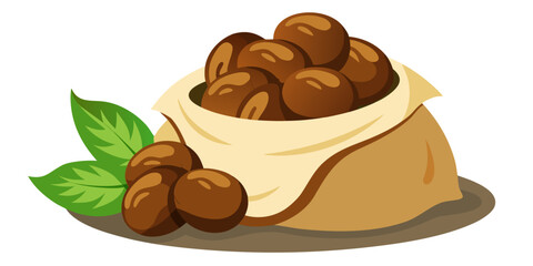 Soapnuts in a cotton bag with green leaves on a neutral background  