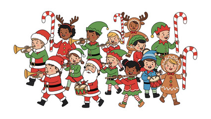 Christmas Ensemble: A joyful Christmas ensemble, comprised of diverse children in festive costumes, marches along. Joyful and full of cheer, this scene is perfect for holiday campaigns.