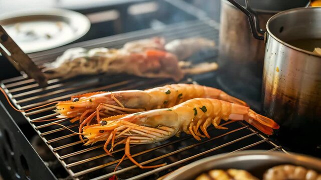 Spiny Lobsters Sizzling on Charcoal Grill at Thai Night Market with Garlic Butter and Herbs