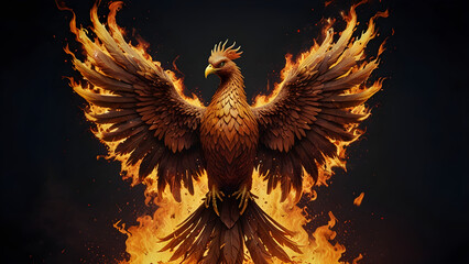 A magnificent fiery phoenix rising from glowing embers, its wings blazing with intense flames against a dark smoky background.
