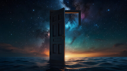 A surreal open door standing in the middle of the ocean beneath a breathtaking starry night sky, symbolizing imagination, mystery, and new possibilities.
