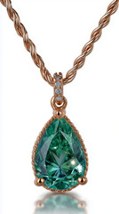 Elegant Jewel: A close-up view presents an exquisite necklace, a pear-shaped gemstone pendant suspended from a delicate chain, radiating sophistication and luxury. 