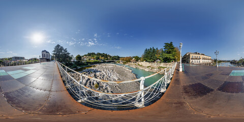 full seamless 360 hdri panorama on metal bridge over shallow mountain river in a small Georgian town with in equirectangular spherical projection. VR  AR content