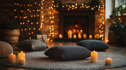 Naklejka premium Fireplace scene with meditation cushion, holiday decorations, twinkling lights, and Christmas music ambiance, cozy festive interior, peaceful winter atmosphere, copy space