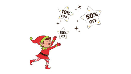 Holiday Sale's Magic: An elf eagerly reaches for sparkling stars, each bearing tempting discount offers, evoking the festive spirit of holiday shopping and seasonal deals.