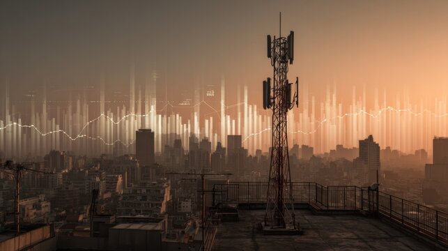 Urban skyline with telecommunications tower at sunset, digital graph overlay representing growth, technology, communication, and connectivity in city