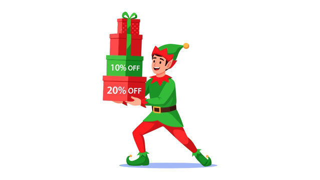 Festive Elf and Discount: A joyful elf, adorned in a festive green ensemble, balances a stack of gift boxes offering enticing discounts, embodying the holiday spirit of savings and cheer.
