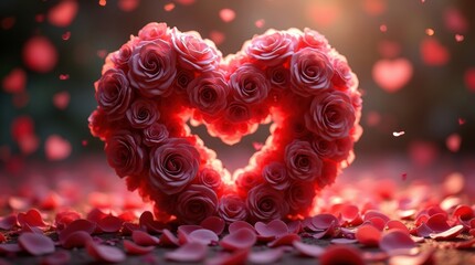 Romantic roses arranged in heart shape create stunning Valentine's Day backdrop for heartfelt messages and captivating designs