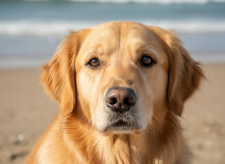Obraz premium Close-up Portrait of a Golden Retriever on a Sunny Beach