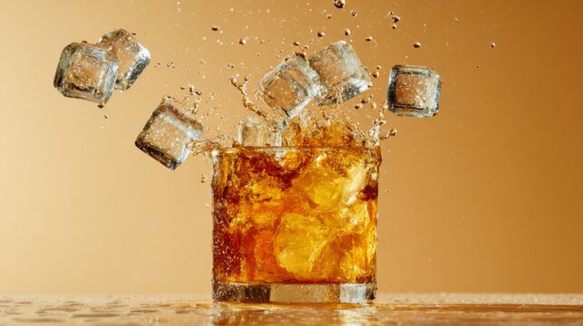 Refreshing whiskey cocktail splashed with ice cubes against a warm golden background creating a vibrant and inviting drink scene for cocktail enthusiasts
