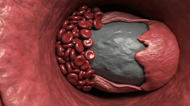 The effects of a heart attack: a blocked artery shown in slow motion as blood flow halts, cells starving for oxygen
