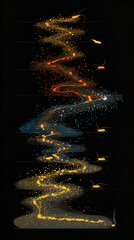 Abstract glowing particle waves in dark space, Dynamic energy flow with golden and blue cosmic trails
