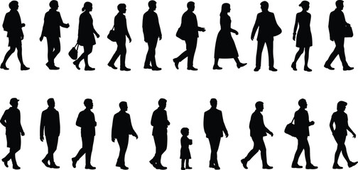 Silhouette vector illustration of diverse people walking in urban street scene with men, women, child, carrying bags and purses
