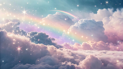 Fantasy cloudscape with rainbow and stars. 3D Rendering