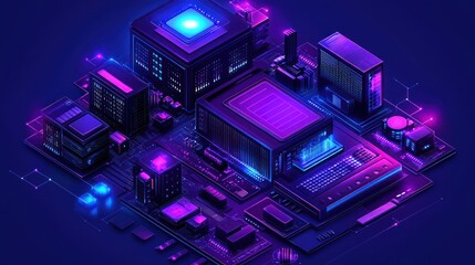 Futuristic glowing circuitry and data processing units