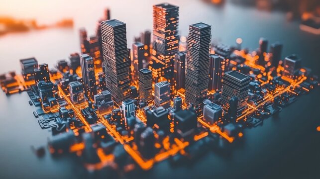 Futuristic city illuminated with glowing orange circuits and towers