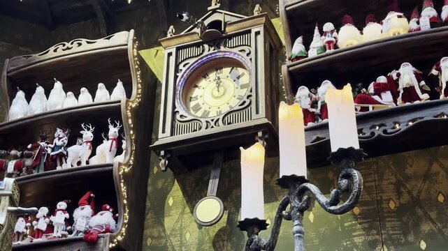 Vintage wall clock at Christmas. Magical holiday atmosphere. Clocks hand spins rapidly. Holiday