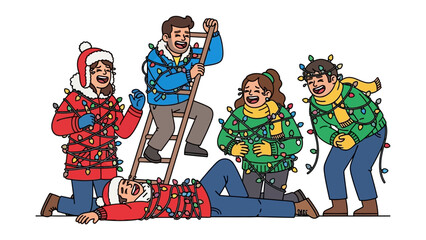Festive Fiasco: A lighthearted illustration of a group of friends entangled in decorative lights, evoking a mood of humor and shared holiday joy.