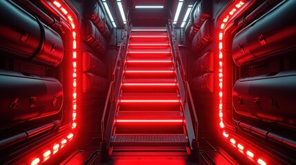 Futuristic metal corridor with glowing red stairs and ambient lighting