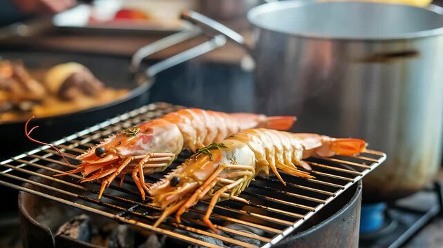 Spiny Lobsters Sizzling on Charcoal Grill at Thai Night Market with Garlic Butter and Herbs