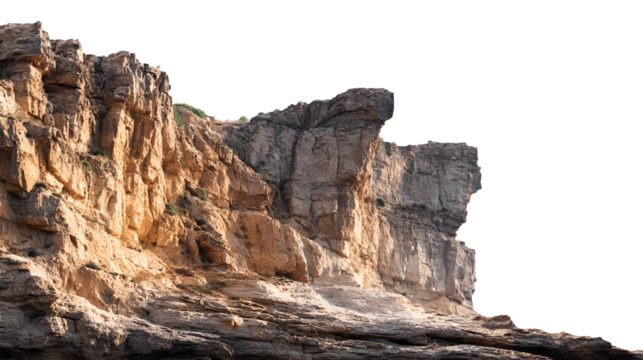 Dramatic rocky cliff face illuminated by golden sunlight against a dark sky