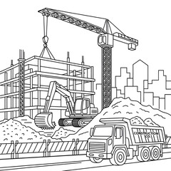 A black and white construction site with building coloring page