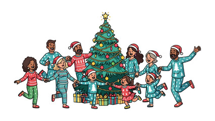 Festive Family Gathering at Christmas: A diverse family joyfully gathers around a festively decorated Christmas tree, radiating warmth and the spirit of the holidays.