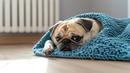 A small beige pug dog lies comfortably wrapped in a blue knitted blanket on a wooden floor. A radiator is visible in the background, suggesting a warm indoor setting.