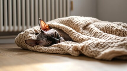 A hairless Sphynx cat sleeps peacefully under a cozy beige blanket near a radiator in a warm house during winter.