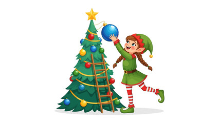 Festive Spirit in the Workshop: A cheerful elf, with pointed ears and a radiant smile, decorates a vibrant Christmas tree with glittering ornaments. A symbol of holiday traditions.