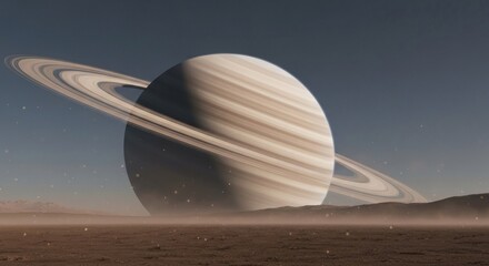 Giant ringed planet dominates barren alien landscape under a dusty sky