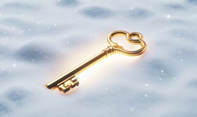 Golden key resting in fresh snow with glistening snowflakes, symbolizing a precious find