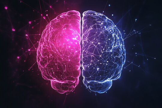 A digital illustration of a brain with pink and blue halves connected by glowing lines and dots