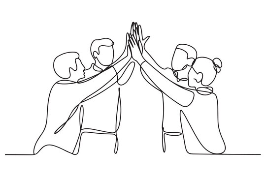 Drawing of diverse group huddle and high five hands together in office workshop. one line Icon drawing with white background