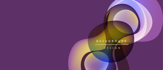 Abstract design features overlapping colorful circles, gradients, purple backdrop. Modern aesthetic, dynamic composition, simple text overlay.