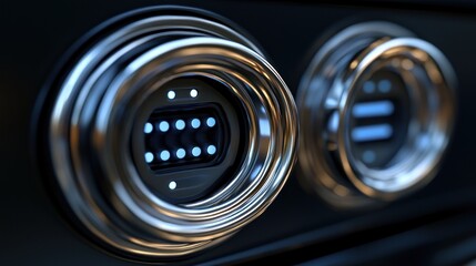 Gleaming metal dials with glowing blue digital displays
